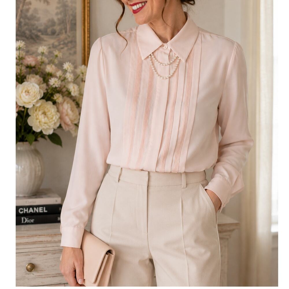 Christie & Jill Vintage Blush Pink Pintuck Secretary Blouse Pearl Chain Size 8 - Picture 4 of 9